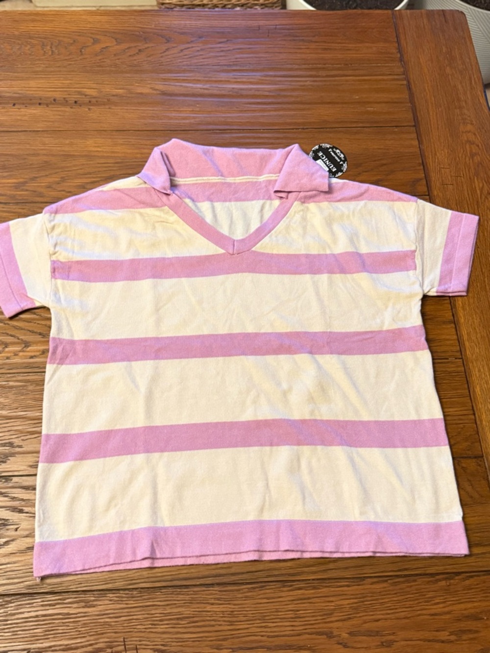 Kids Short Sleeve V-Neck Polo Shirt - Pink & Cream Stripes